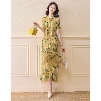 Chiffon floral dress women's summer 2022 new high-end ladies temperament slim slim long skirt