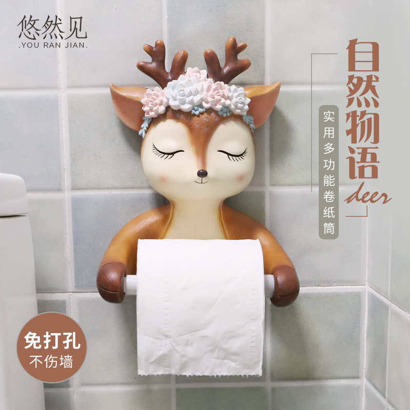 Bathroom toilet small flower deer roll toilet paper tube Powder room tissue box creative cute wall-mounted multi-function free hole stickers