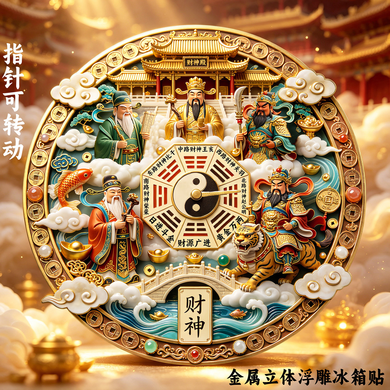 五路財神金屬立體冰箱貼 可轉動招財擺飾