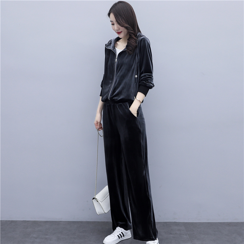 Golden Velvet Sweater Kit Female 2021 Spring New Link Casual Hat Wide Leg Trouser Two Pieces