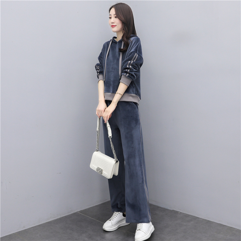 Casual Sports Suit Women's 2022 Spring and Autumn Style Cover Belly Slim Velvet Hooded Sweatshirt High Waist Wide Leg Pants Two-piece Set