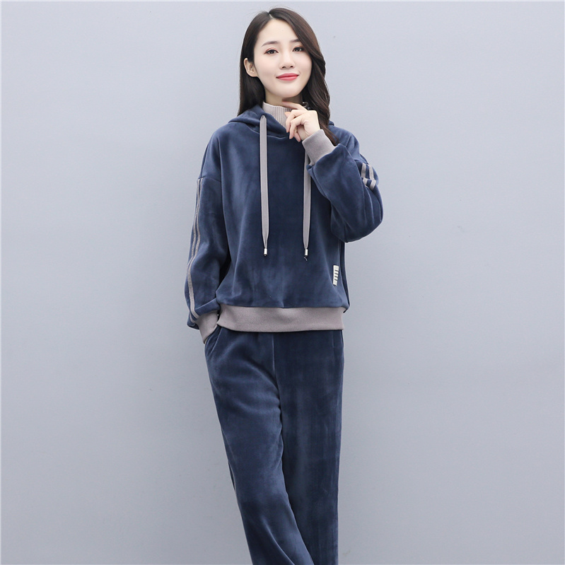 Gushed gold velvet casual sweatshirt suit woman 2022 winter double face suede with cap high collar wide leg pants sport Two sets-Taobao