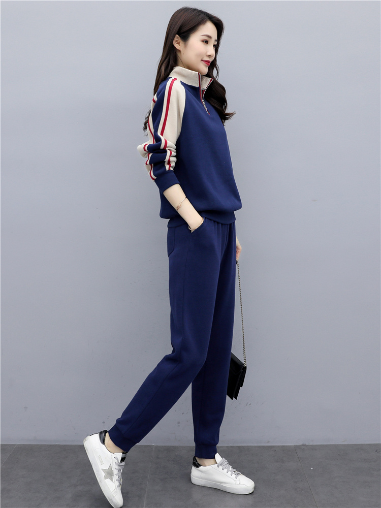 Leisure sports suit female 2022 spring and autumn new kindergarten teacher's garden clothing running exercise stand collar splicing sweater two-piece set