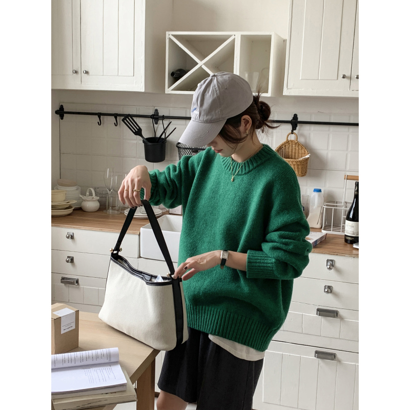 Zy LAOSHU Turquoise Green Sweater Women's Pullover Autumn and Winter Korean Style Loose Round Neck Retro Bottoming Knitwear Top Zy LAOSHU Turquoise Green Sweater Women's Pullover Autumn and Winter Korean Style Loose Round Neck Retro Bottoming Knitwear Top