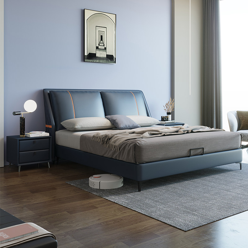 Light extravagant genuine leather bed 1 8m meters double bed modern minimalist solid wood bed European style storage princess bed wedding bed master bedroom