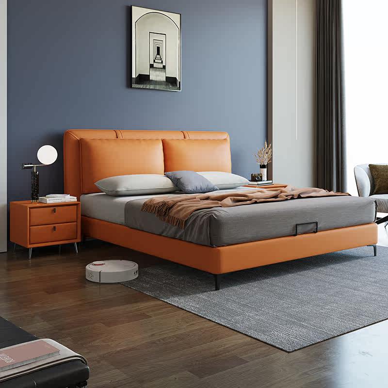 Real leather bed modern minimalist double man bed 1 8 m leather art bed small family type soft bag wedding bed main bedroom with tatami