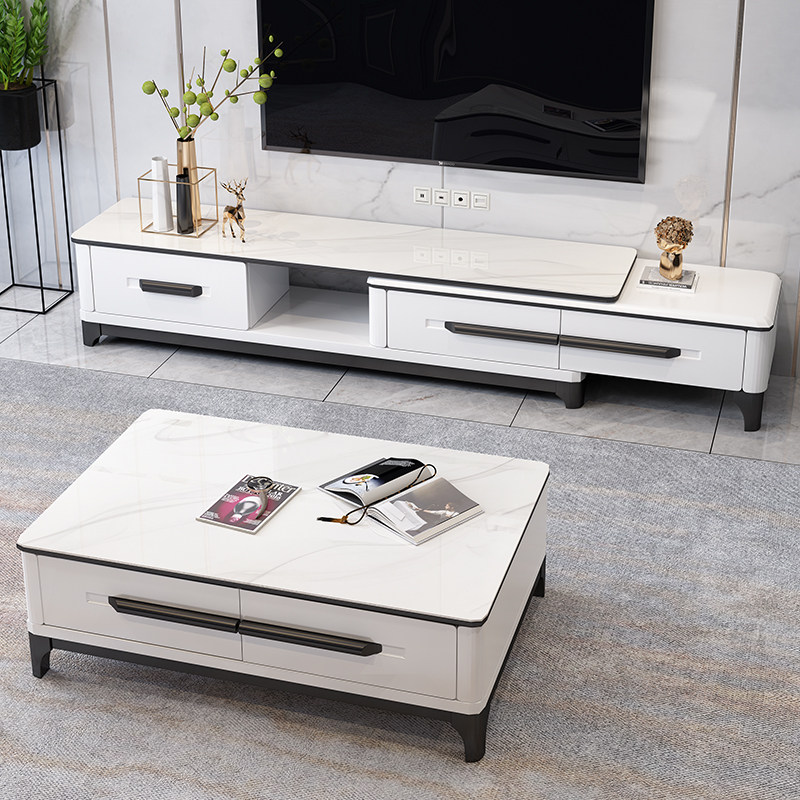 Marble tea table TV cabinet Composition minimalist modern small family type telescopic home Nordic solid wood TV cabinet suit
