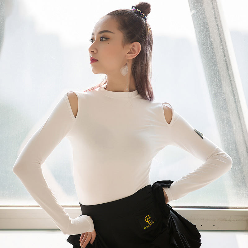 dancebaby Latin clothing female adult long-sleeved body suit round neck dance suit practice suit top DA444