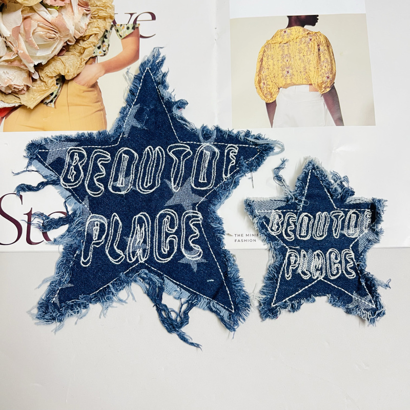 Fashionable Denim Clothes Hole Patch Patch Decorative Patch Large Raw Edge Embroider Five-Pointed Star Denim Patch