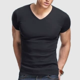 Эластичная хлопковая приятная телу черная белая футболка с коротким рукавом для спортзала, V-образный вырез, облегающий крой, в обтяжку