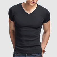 Эластичная хлопковая приятная телу черная белая футболка с коротким рукавом для спортзала, V-образный вырез, облегающий крой, в обтяжку