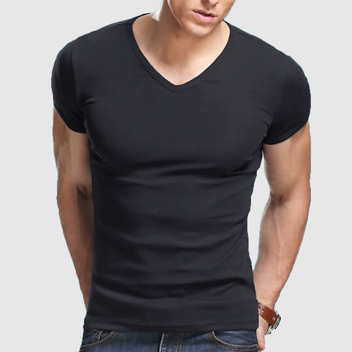 Эластичная хлопковая приятная телу черная белая футболка с коротким рукавом для спортзала, V-образный вырез, облегающий крой, в обтяжку