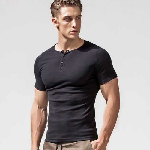 Летняя эластичная черная хлопковая футболка, короткий рукав, облегающий крой, круглый воротник