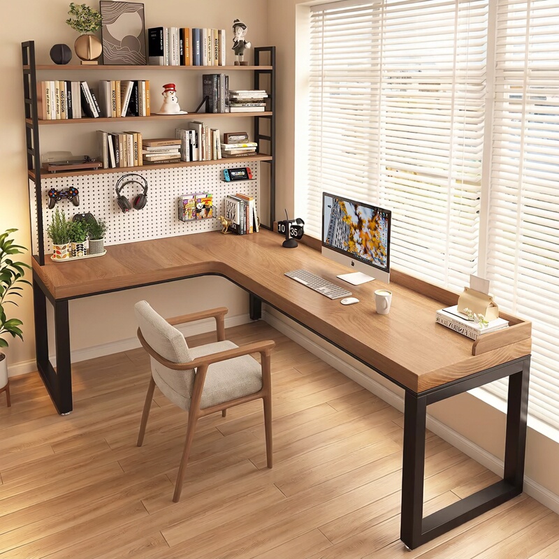 Solid Wood Corner Computer Desk, Simple Home-Use L-Shaped Desk with Bookshelf Combination, Pegboard Office Desk, 7-Shaped Workstation
