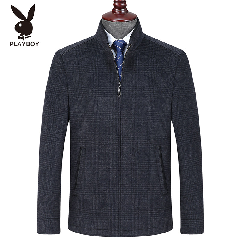 Playboy wool jacket men's stand collar middle aged and elderly business casual oversize spring and autumn wool coat