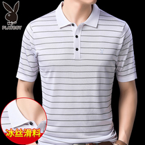 Flower Playboy Ice Silk Short Sleeve T-Shirt Men Turn Collar Slip Material Compassionate Casual Summer Tide Striped Half Sleeve Polo Shirt
