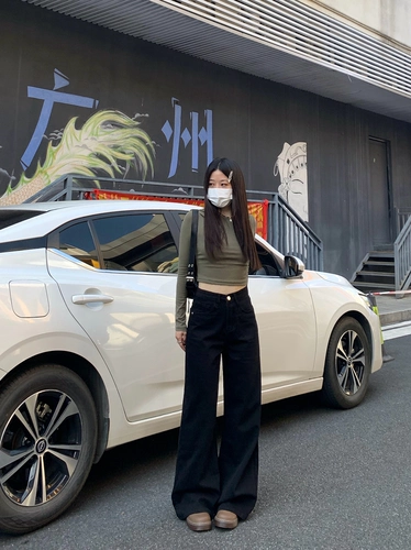 纯哥家 Черные джинсы, демисезонные штаны, свободный крой, высокая талия