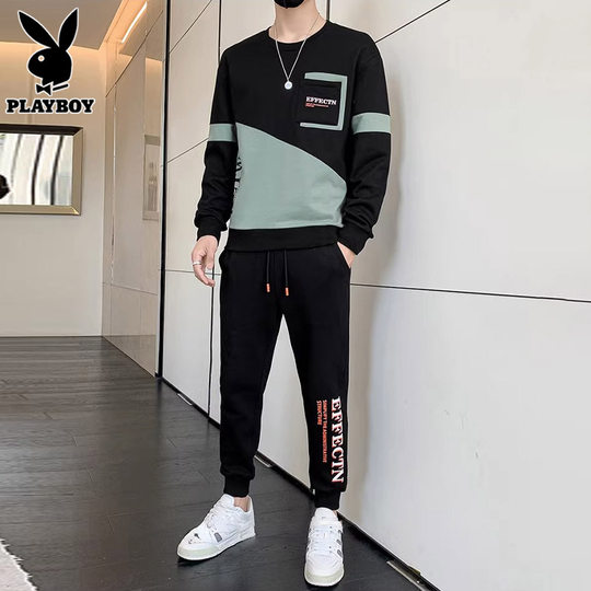 花花公子休闲运动套装男士圆领卫衣服秋季新款潮搭配卫裤男装一套