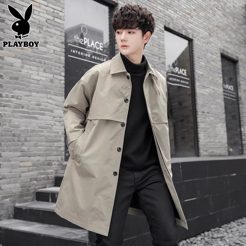 Flowers Playboy Men's Wind Coat Jacket Autumn Winter New Tide Cards Loose Leisure Medium Long capsized men's clothes-Taobao