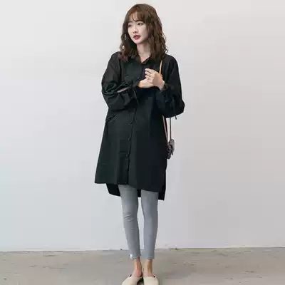 Pregnant women's spring new Korean fashion cuff lace-up pregnant women's shirt skirt temperament loose mid-length dress