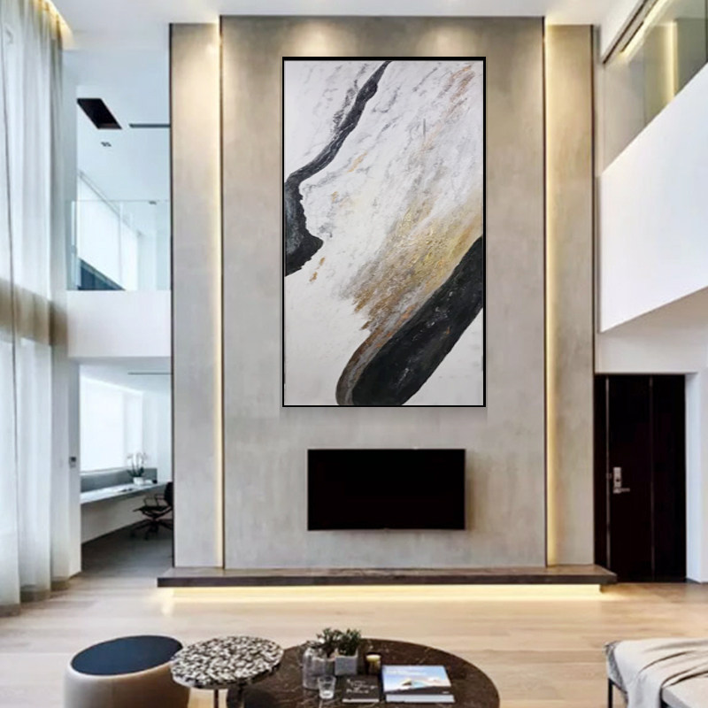 Modern Villa Living Room Prototype Room Hung Painting Pure Hand Painted Abstract Gold Leaf Decorative Painting Sample House Display Center Duplex