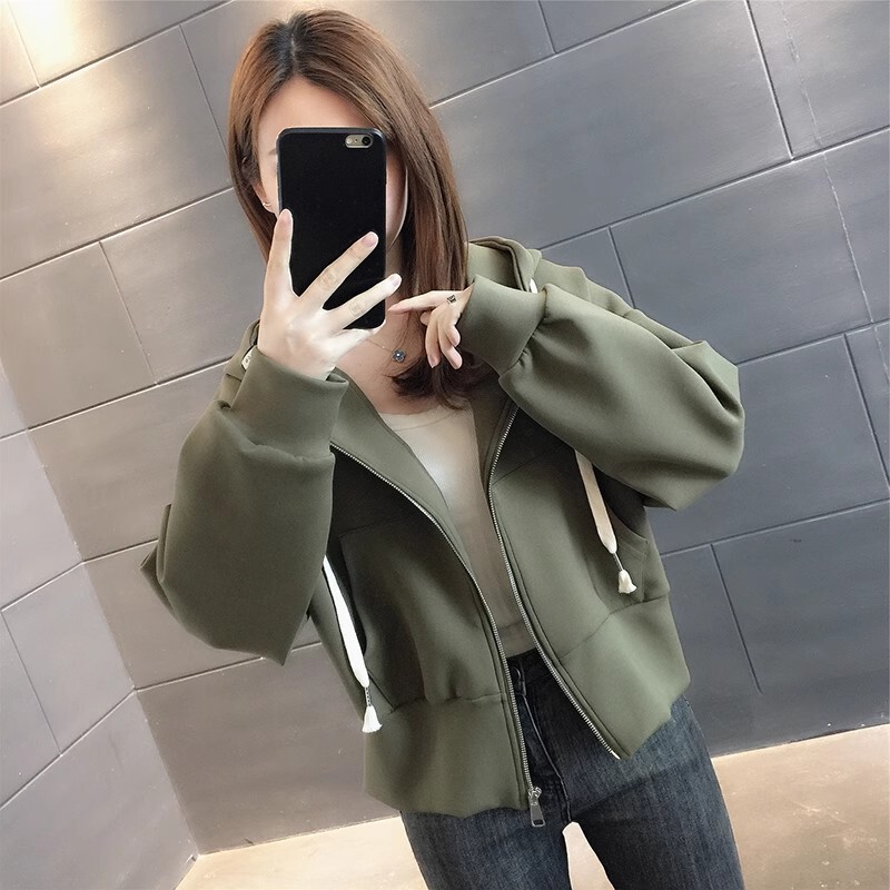Military Green Hooded Short Jacket Women's Cardigan Sweatshirt Casual Petite Age-Reducing Top Military Green Hooded Short Jacket Women's Cardigan Sweatshirt Casual Petite Age-Reducing Top