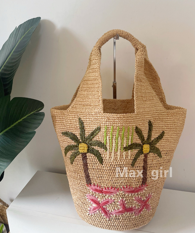Niche Design Thai Coconut Tree Embroidered Raffia Handbag, Shoulder Woven Bag, Vacation Style Straw Bag, Beach Bag