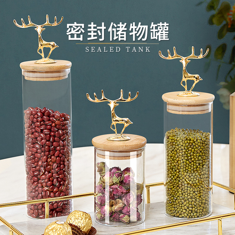 Sealed storage tank transparent glass luxury model house household kitchen coarse cereals tea tank with lid to store small bottles