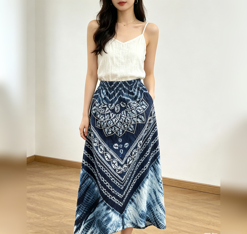 Traditional Tie-Dye Embroidery Handmade Heavy-Duty Half-Skirt, Mid-Length Skirt, Large Flared Skirt, Dali Bai Ethnic Minority Intangible Cultural Heritage Craft, Plant Dyeing Traditional Tie-Dye Embroidery Handmade Heavy-Duty Half-Skirt, Mid-Length Skirt, Large Flared Skirt, Dali Bai Ethnic Minority Intangible Cultural Heritage Craft, Plant Dyeing
