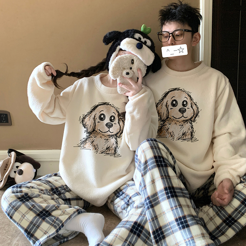 Rice Grain Velvet Couple Pajamas, Autumn and Winter Style, Cute Cartoon Thickened and Fleece-Lined Pajamas for Couples, One for Men and One for Women, Buy One Get One Free Rice Grain Velvet Couple Pajamas, Autumn and Winter Style, Cute Cartoon Thickened and Fleece-Lined Pajamas for Couples, One for Men and One for Women, Buy One Get One Free
