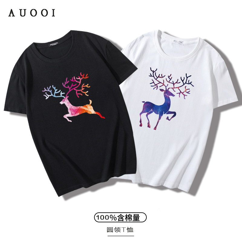 Summer short-sleeved men's trend Korean version of Japanese printing street starry Sky Elk trend Casual top Slim T-shirt men's trend