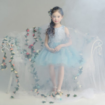 blue dress girl's tutu dress children's princess dress little girl foreign model walk show performance costume summer
