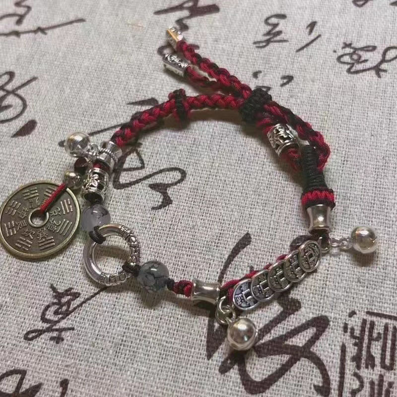 New Chinese-Style Braided Rope Bracelet for Women, Niche Five-Emperors Coin, Mountain Ghost Money, Handmade Bracelet, Exotic Ancient Style, Adjustable Pull-Type Jewelry