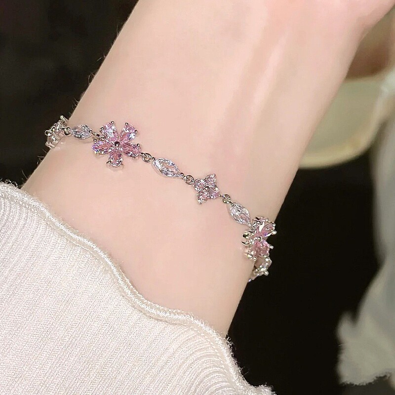 Sakura Pink Crystal Bracelet ins Niche Design Exquisite Sweet Versatile Light Luxury High-End Feel Best Friend Jewelry