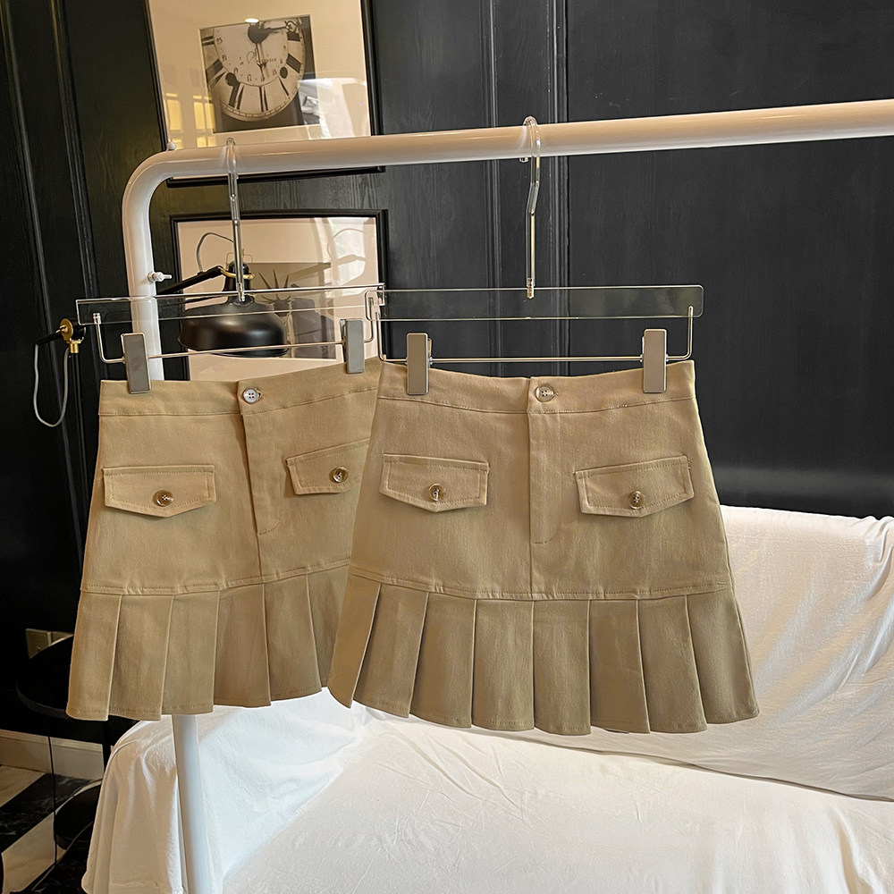 Autumn niche khaki pleated skirt female high waist slim hot girl tooling style short skirt casual pleated skirt