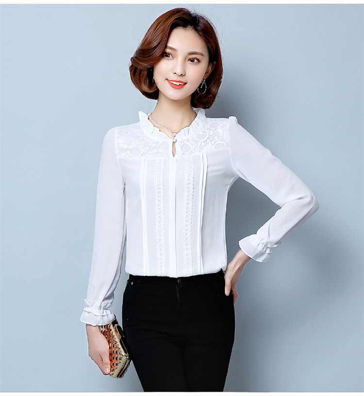 Xuân 2018 và áo sơ mi nữ mới mùa xuân cổ áo tay dài ren khâu áo sơ mi mùa xuân áo sơ mi mỏng áo sơ mi họa tiết nữ