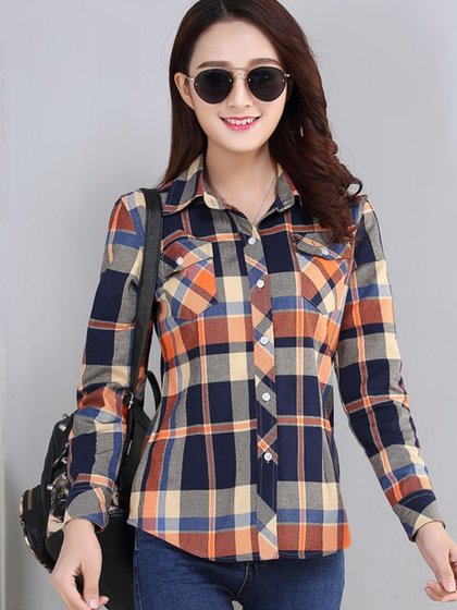 2025春秋新款棉质修身格子衬衫女长袖修身显瘦打底衫女装休闲外套