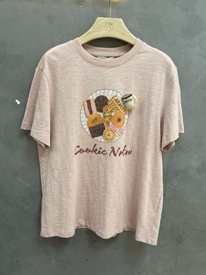 European 2026 Spring New fashion women's pink short-sleeved T-shirt for slimming women, cookie print top as a base layer, trendy