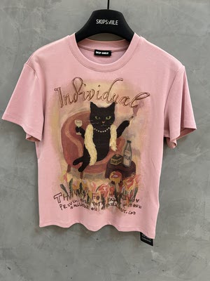 European brand 2026 Summer New fashion women's wear pink cat print short-sleeved T-shirt for slimming women, loose top