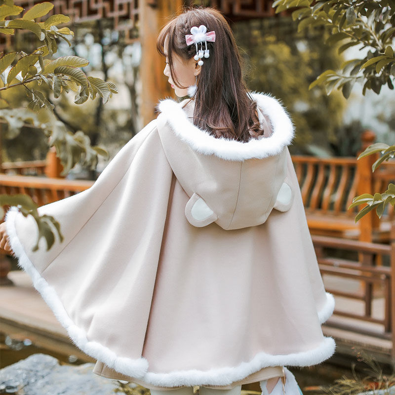 Plus Size 150kg Vintage Modified Hanfu with Han Elements, Loose Fleece-Lined Hooded Cape Coat for Women in Winter