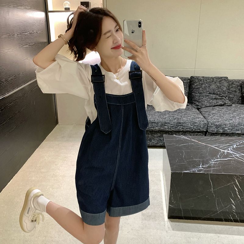 Plus Size 150kg Denim Overalls Set for Women, Summer, Petite, Loose Design, Cuffed Wide-Leg Shorts