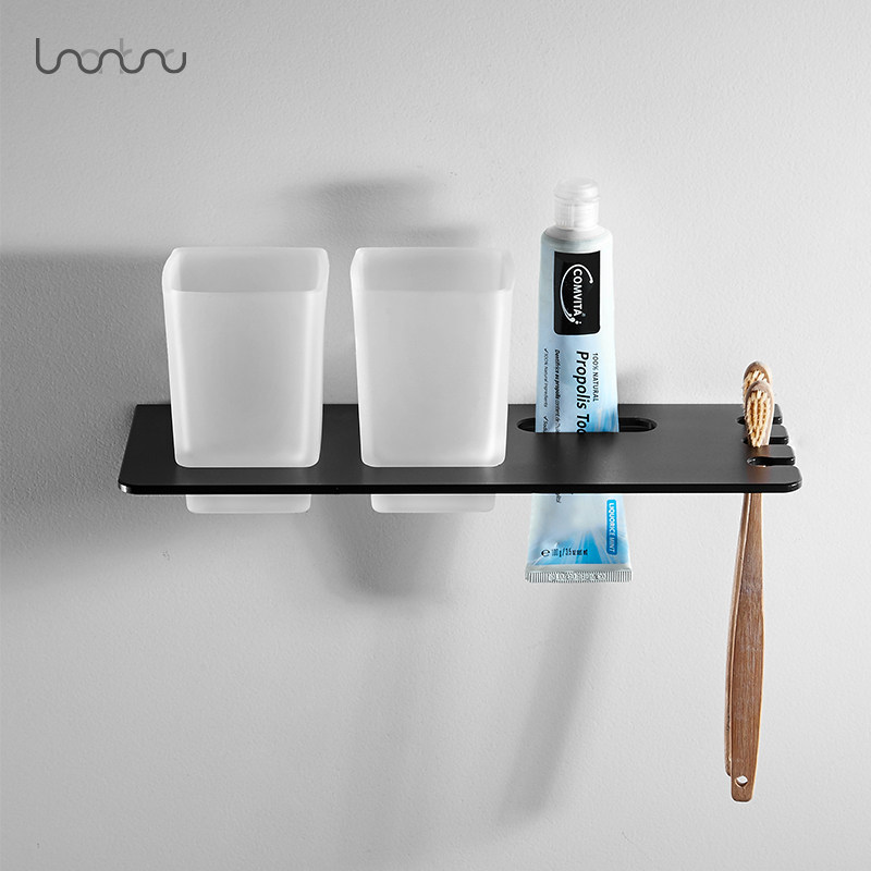 Space aluminum Nordic Minimalist mouthwash cup Glass double toothbrush toothpaste Japanese-style wall free hole shelf