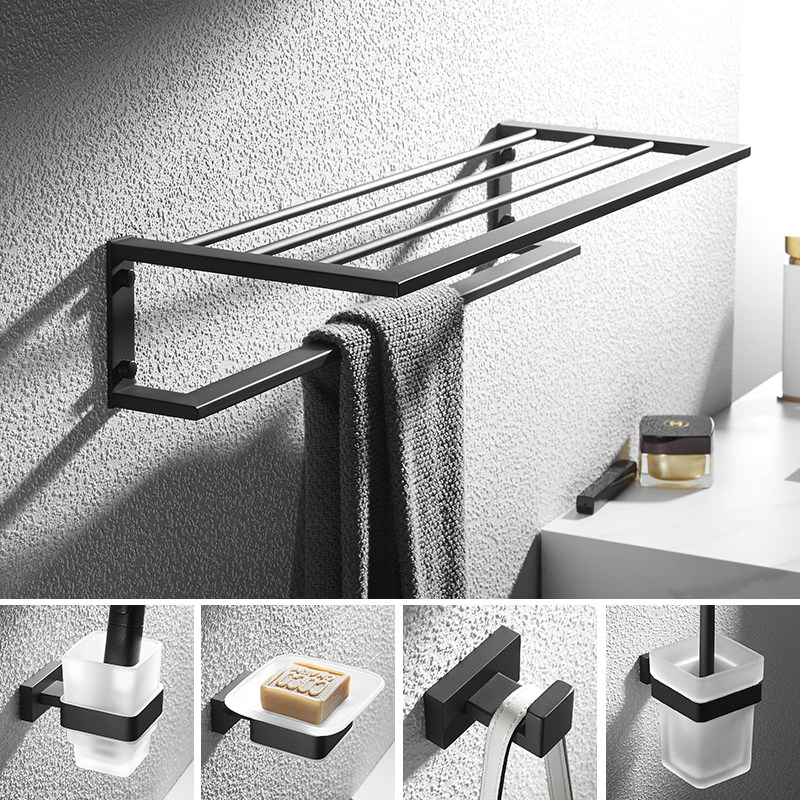 Black thickened 304 stainless steel towel bath towel rack simple line powder room rack wall-mounted bathroom set