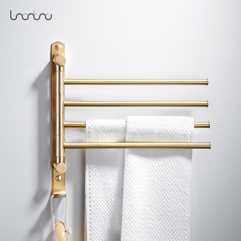 Nordic brass minimalist active rotating multifunctional towel rack free of nail punching mounting wire drawing gold bathroom hanging rod