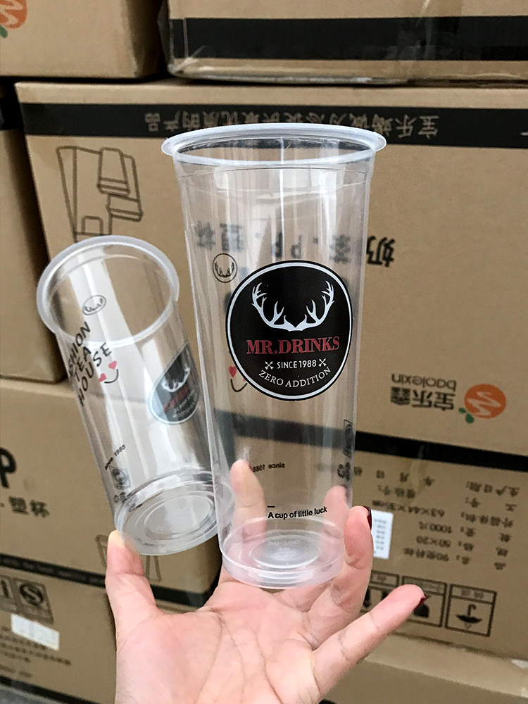 Creative 90 thickened antler cup 700ml disposable plastic milk tea cup Commercial juice cold drink packaging cup with lid