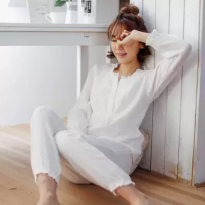  Cotton and linen pajamas women's spring and autumn double gauze cute soft and comfortable cardigan can't play the ball solid color white home service