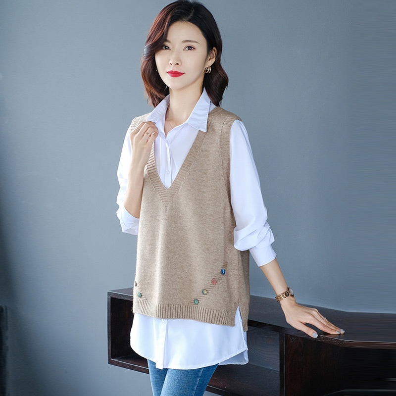 Knitted Waistcoat Shirt Two-piece Lady Spring Dress 2022 New Reduced-Age Shirt Vest Blouse Spring Autumn Suit