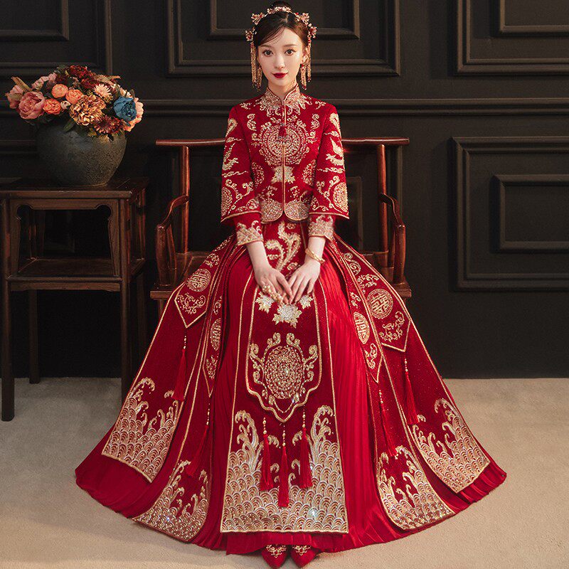 Show and dress The bride 2022 new Chinese style wedding display slim big size wedding dress gown toast with a dragon and an Fenghang female show