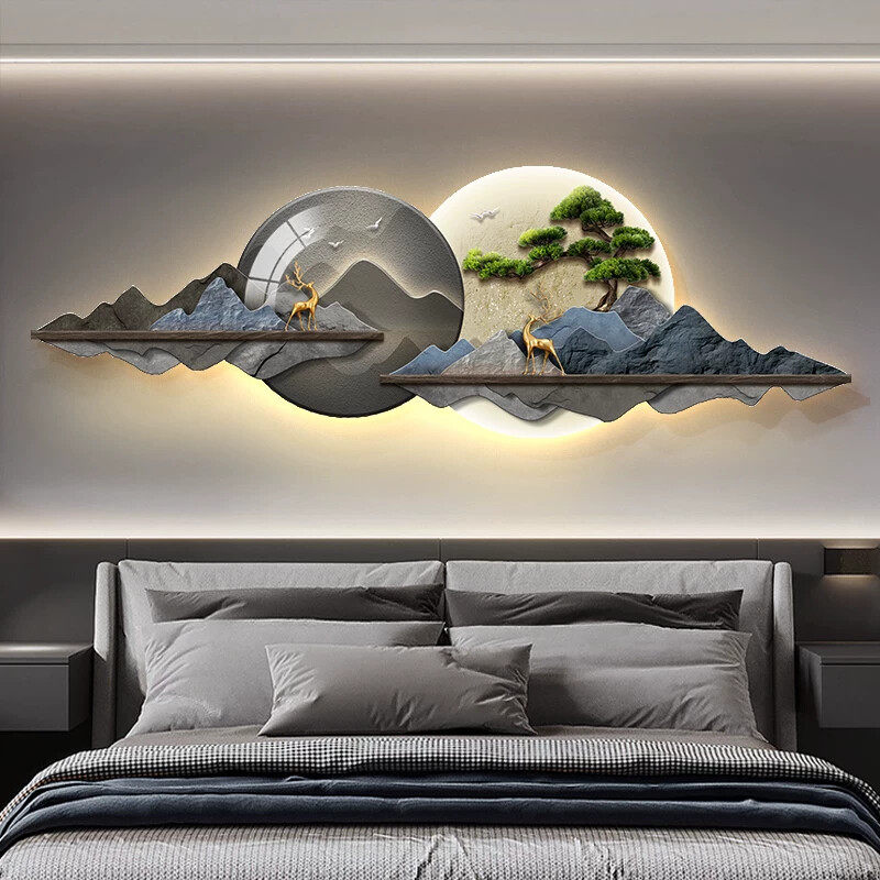 卧室装饰画轻奢大气山水画2026新款led灯画发光床头床尾墙壁挂画