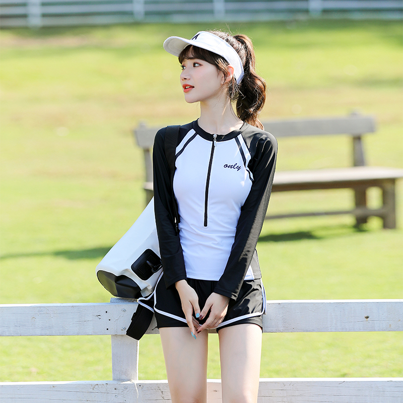 2021 new swimsuit split women's two-piece conservative thin belly cover sports long-sleeved sunscreen student swimsuit